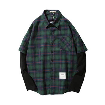 

Korean Youth Fashion Casual Long Sleeved Shirt Slim Fit Plaid Bottoming Stitching Shirtred Shirt Formal Sleeve Casual Shirts R6