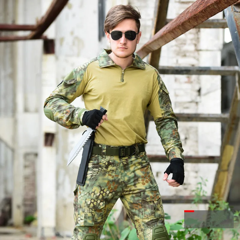 Черные мужские камуфляжные футболки с принтом змеи из питона, Мужская армейская Военная тактическая рубашка, зеленые футболки с длинным рукавом - Цвет: Коричневый