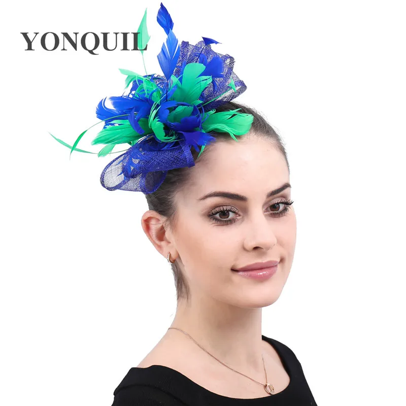 Royal Blue With Green Bride Women Fascinator Hat Elegant Ladies Show Headwear With Hair Clip Bridal Wedding Hair Accessories