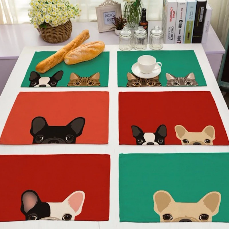 Cute Cartoon Dog Printed Western Pad Cotton Linen Table Placemat Insulation Disc Bowl Dining Table Mat Coasters Kitchen Tools