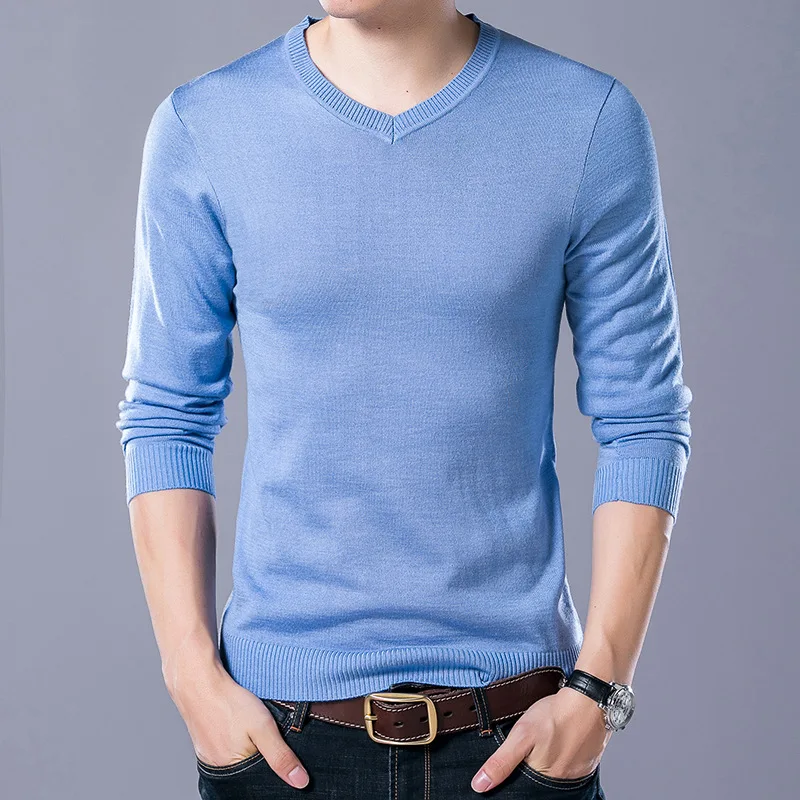 Синий autumn and winter new long-sleeved men's sweater Slim solid color V-neck men's clothing - Цвет: Синий