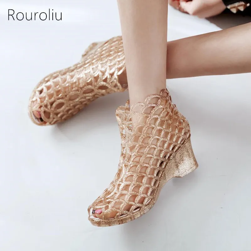 

Rouroliu Women High Top Peep Toe Sandals Thick Heel New Jelly Shoes Wedges Hole Shoes Woman Summer Bling Sandals FR125