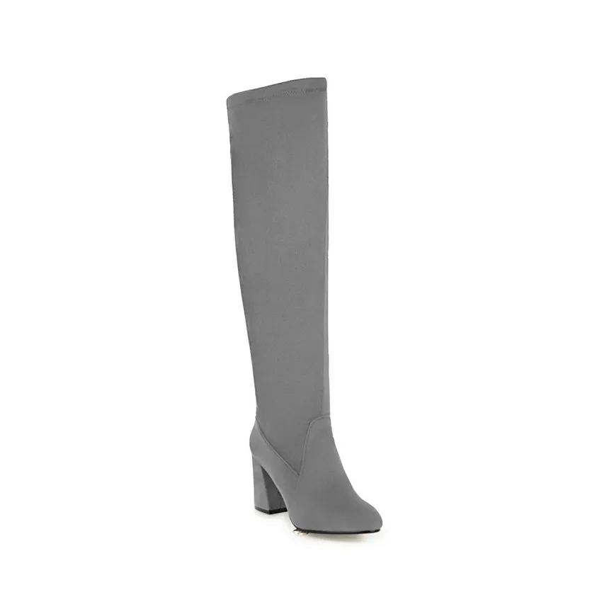 QUTAA/ г. Женские ботфорты из флока универсальная зимняя обувь на платформе и высоком квадратном каблуке мотоботы Большие размеры 34-43 - Цвет: Серый