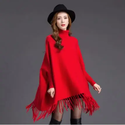 Женская мода новая Банкетная накидкой пальто с кисточками свободные Высокий воротник утолщенный свитер вне свитер - Цвет: Красный