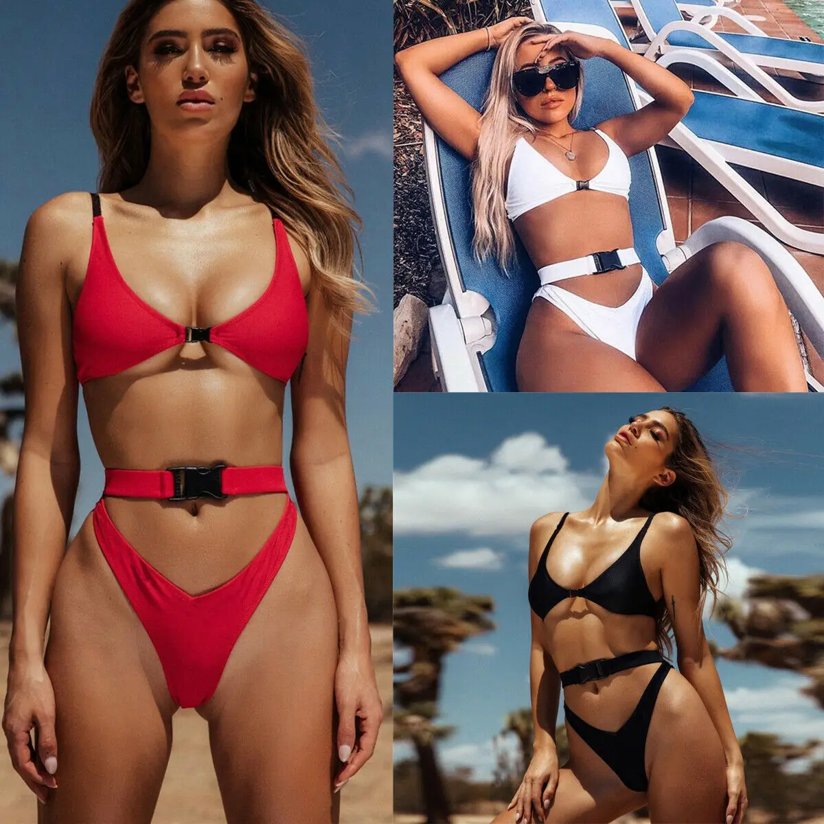 

2019 New Style Solid Women Buckles Bikini Set Push Up Swimwear Brazilian Bathing Swimsuit Thong Beach