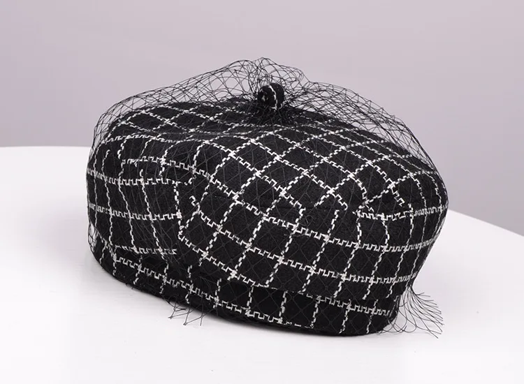 Maylisacc New Lace Beret Small Fragrant Beret Autumn and Winter New Grid Gauze Net Red Sydney Classic Retro Elegant Hat