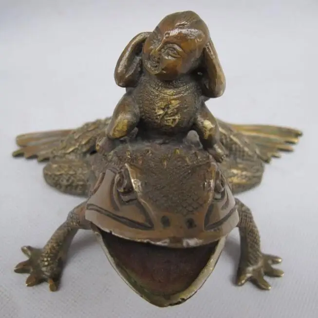 

S0702 China Fengshui Bronze wealth Boy animal Toads Frog Statue incense burner Censer