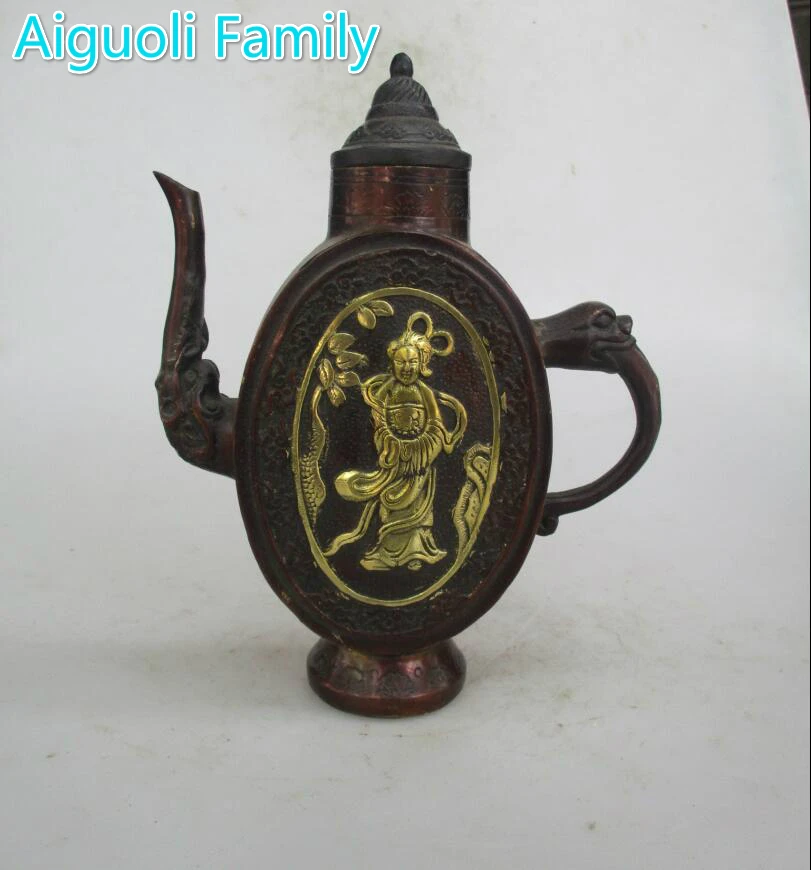 

AAA+Rare Chinese Old Purple Copper Carved Royal Princess Tea Pot /Art Pot Craft For Home Decoration Antique Collection