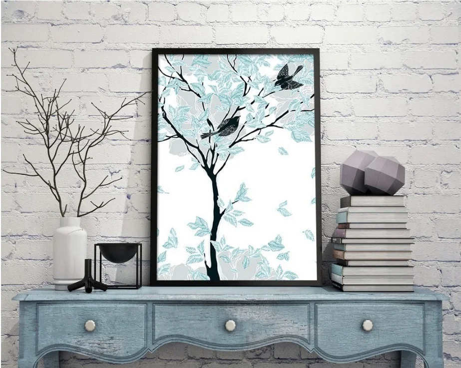 

Nordic Style Mint Green Abstract Tree Decorative Paintings Modular Picture Wall Art Canvas Painting for Living Room No Framed