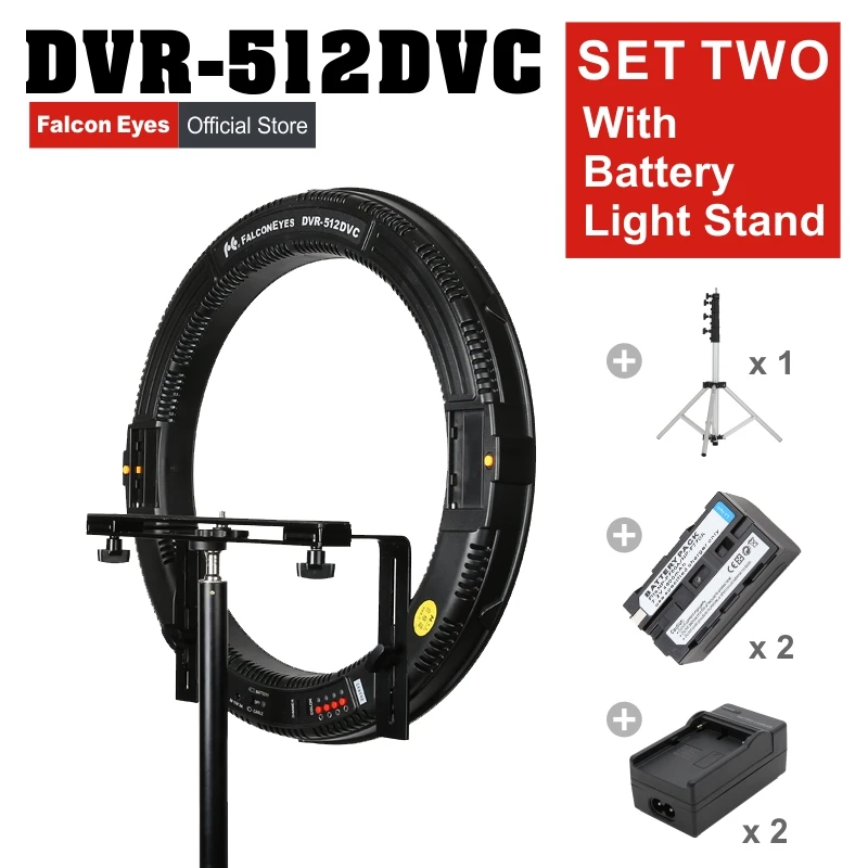 

FALCONEYES 31W 512 Ring LED Photography Continuous Panel Light W/Camera Bracket//Battery/Charger/LightStand DVR-512DVC SET TWO