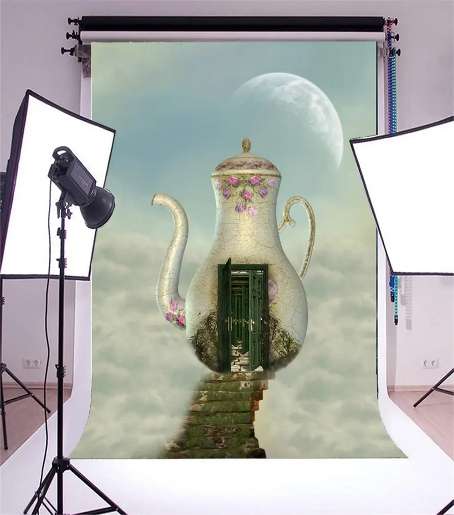 

Photography Backdrop Dreamy World Fairy Tale Teapot Magic Door Steps to Heaven Moon Night Fantasy Photo Background