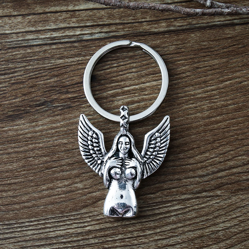 

New Body Art Female Nude Key Chain Antique Silver Statue Of Liberty Angel Wings Key Amulet Pendant