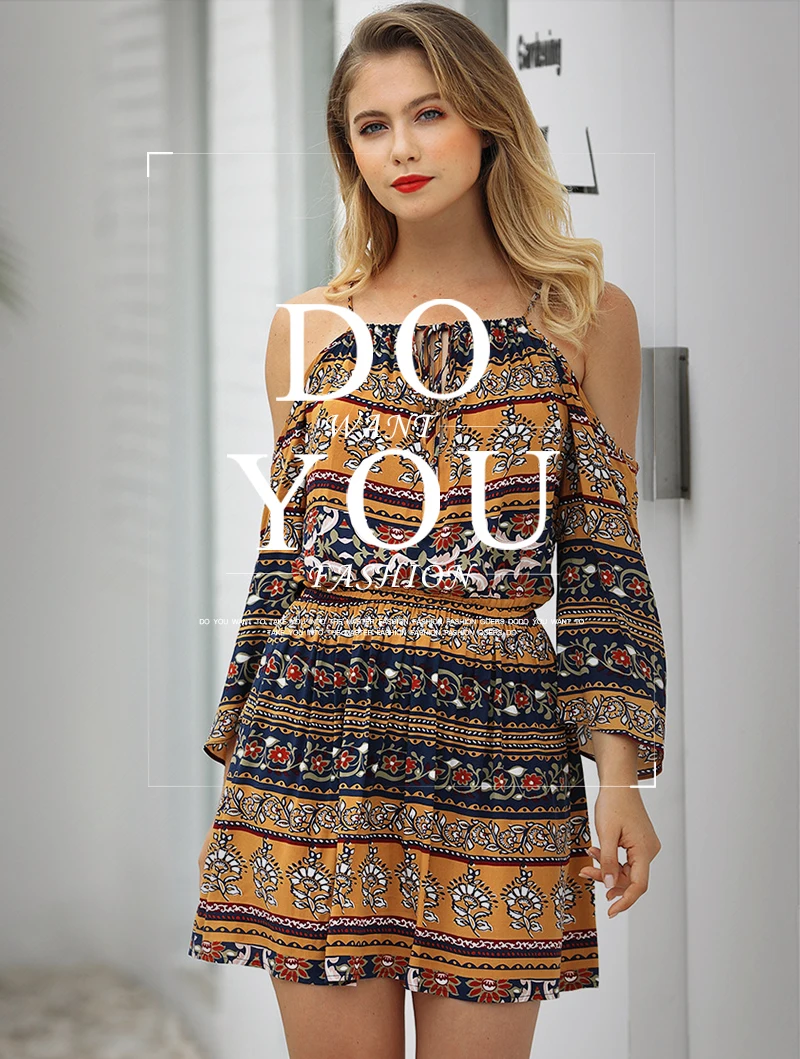 Sexy Off Shoulder Boho Striped Dress Summer Print Floral Beach Chiffon Dresses Three Quarter Sleeve High Waist Vestido Mini 2018