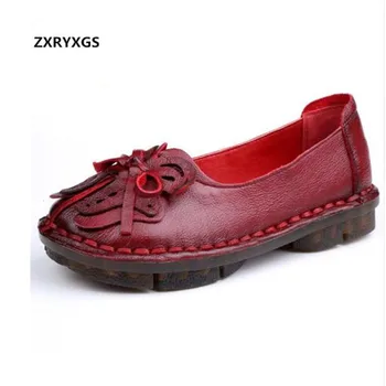 

Handmade Retro Bow Cowhide Leather Shoes 2019 Spring New Elegant Breathable Women Flat Shoes Soft Comfortable Shoes Woman