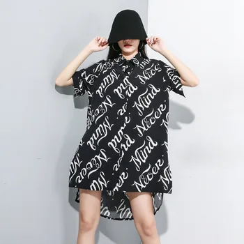 

Women Summer Short Sleeve Loose Letter Print Casual Shirt Dress Female Streetwear Hip Hop Trend Blouse Top Long Style Shirt