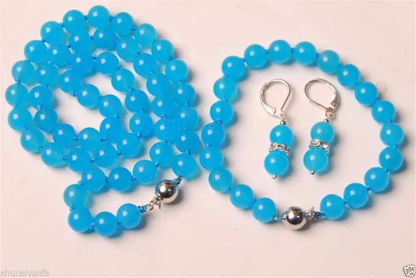

FREE SHIPPING 10MM Blue Topaz Chalcedony Round Beads Necklace 18" & Bracelet 8" & Earrng Set