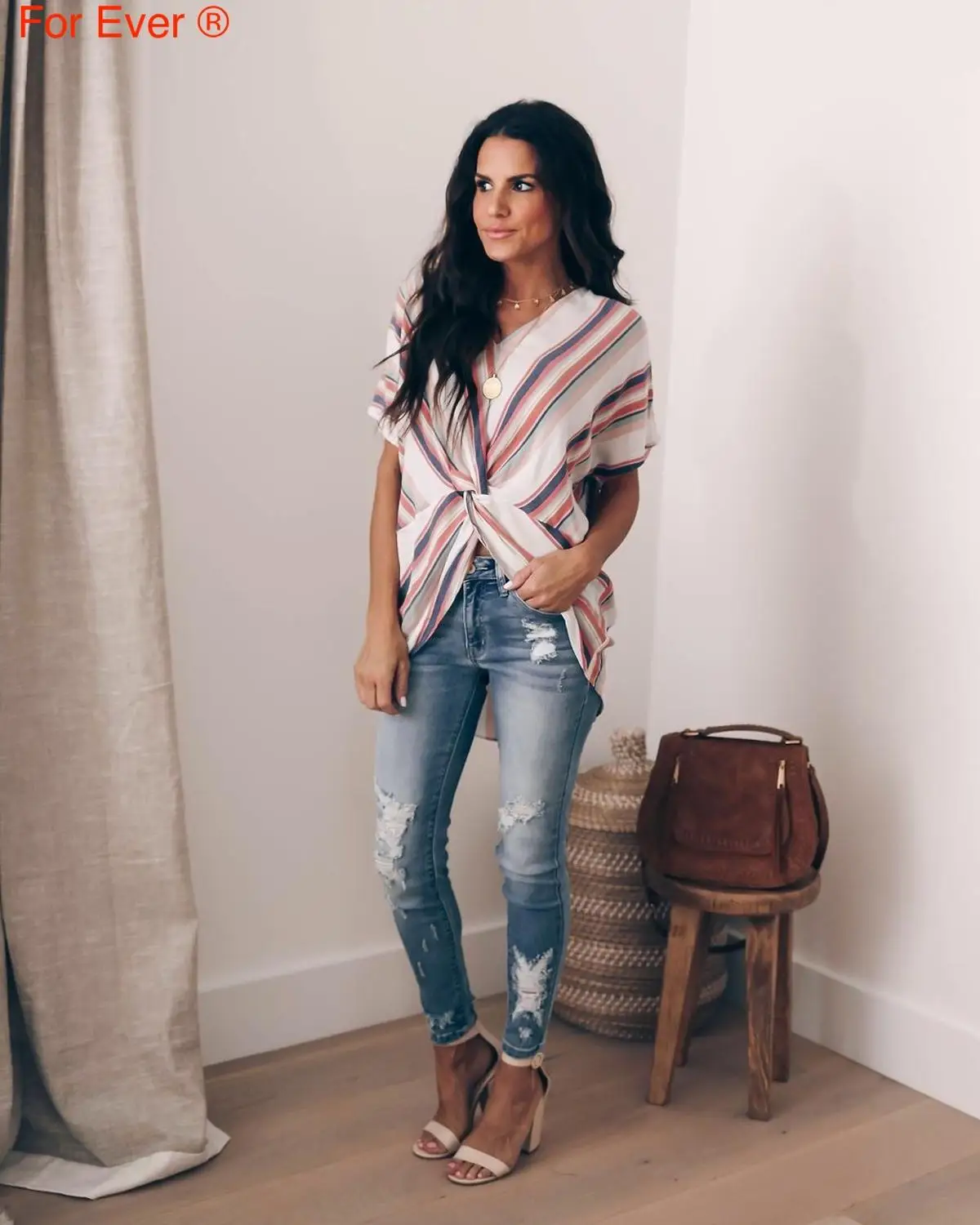 

2019 Women Casual V Neck colorful Stripes Kink Top