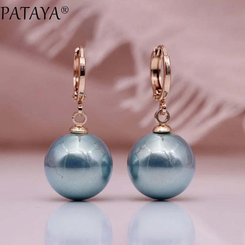 

PATAYA New Round Shell Pearls Long Dangle Earrings 585 Rose Gold Party Wedding Earring Women Simple Unique Fine Fashion Jewelry
