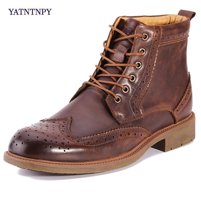 

YATNTNPY New Arrival Man Leather Boots Men Winter Bullock carved Boots Vintage for Martin Boots Lace-Up Genuine Leather Man bota