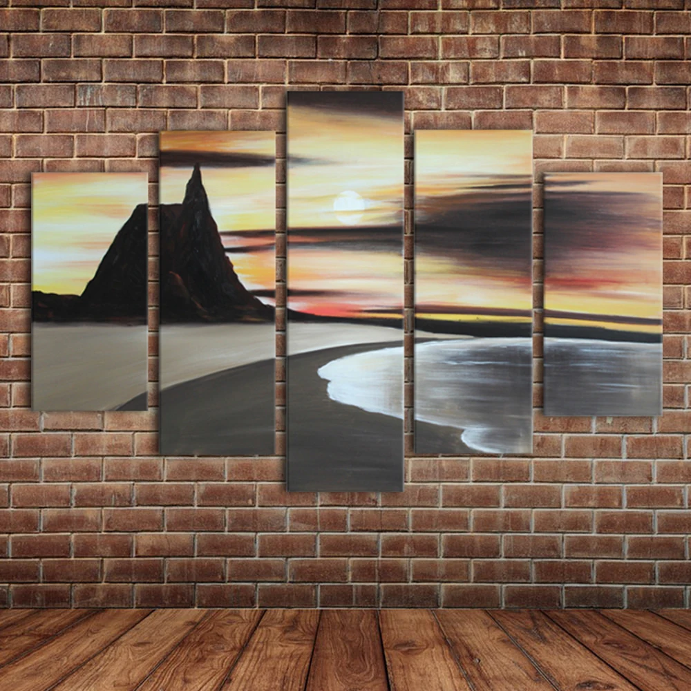 Peint A La Main 5 Piece D Art De Toile Paysage Mer Plage Coucher