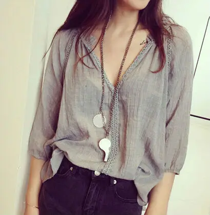 2016 Summer Casual Shirts Sexy Deep V Neck Women Blouses Gray White ...