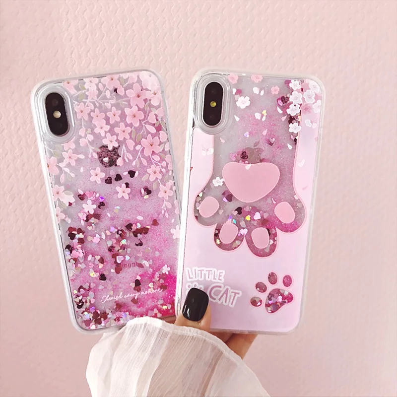 Блестящий Жидкий чехол для iPhone X XS MAX XR 6 6S 7 8 Plus розовый с изображением кошки и лапы