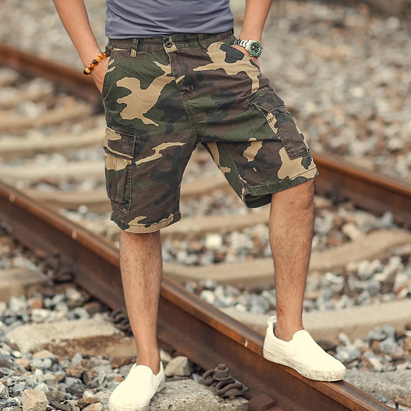 Men Casual Retro Washed Camouflage New European Style Slim Shorts