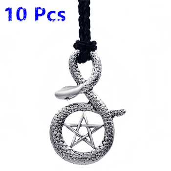 

Wholesale 10 Pcs Men's Snake Cobra Pentagram Star Pewter Pendant with 24" Black Necklace WLP210