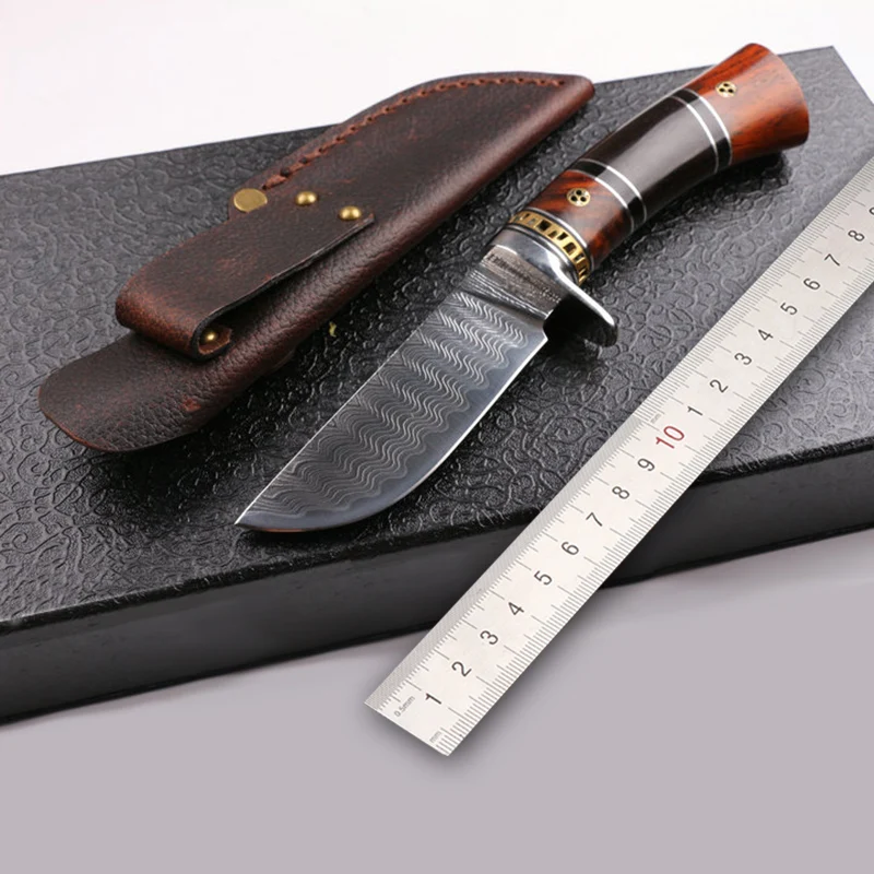 

Free shipping Damascus steel knife integrated kitchen chopper outdoor camping straight knife with wooden handle