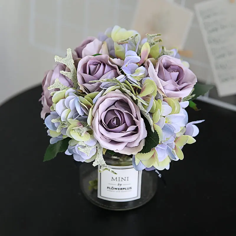 

yumai 8 Heads Mini Rose Holding Bouquet Hydrangea Flowers Bundle Bride Silk Holding Artificial Flower Wedding Centerpiece Decor