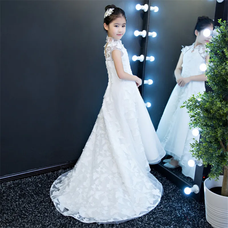 Festa de Casamento Vestidos de Bebês Show de Borboleta 2018 Nova Alta Qualidade Cor Branca Aniversário Longa Cauda Crianças Modelo Traje Vestido 9 Cheap Vestidos