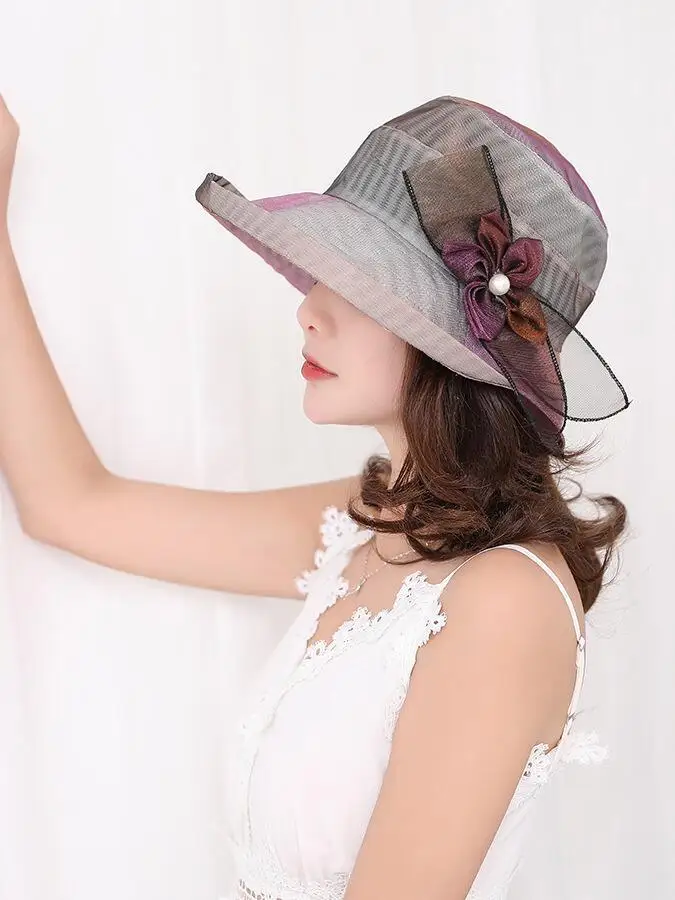 Летние Шапки для женские, градиентные цветы жемчуг козырек солнцезащитной кепки ткань шириной пляжный навес шляпа женская панама Chapeau Femme