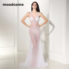 2018 Sexy Illusion Evening Dresses Scoop Mermaid Tulle Beading Sequins Crystal Cheap Plus Size Formal Prom Gowns