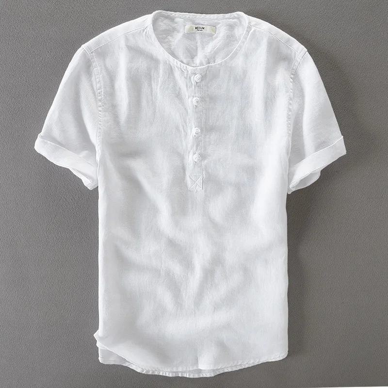 2017 New design collarless buckle linen shirt male short sleeve shirt ...