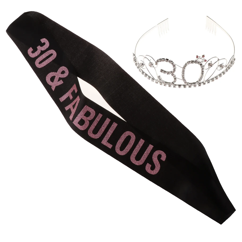30th Birthday Tiara And Sash Set 30 & Fabulous Glitter Satin Sash Rhinestone Tiara