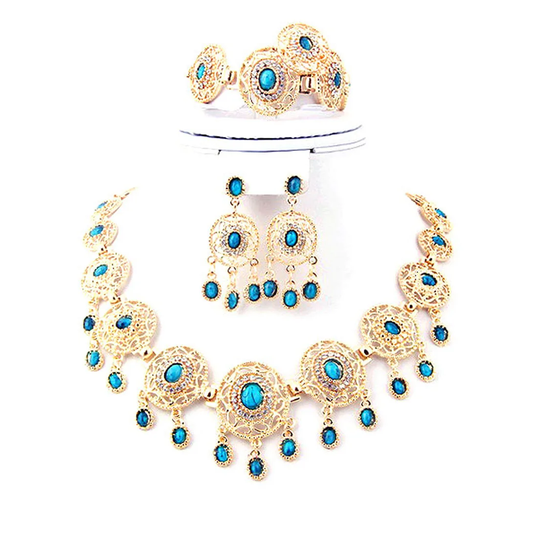 

Hot Sale Ethnic Blue Stone Jewelry Sets with Solid Gold Plating Red and Black Rhinestone Necklace Earrings for Women