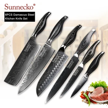 

SUNNECKO Utility Chef Santoku Slicing Paring Knife Damascus VG10 Steel Sharp Blade Pakka Wood Handle 6PCS Kitchen Knives Set