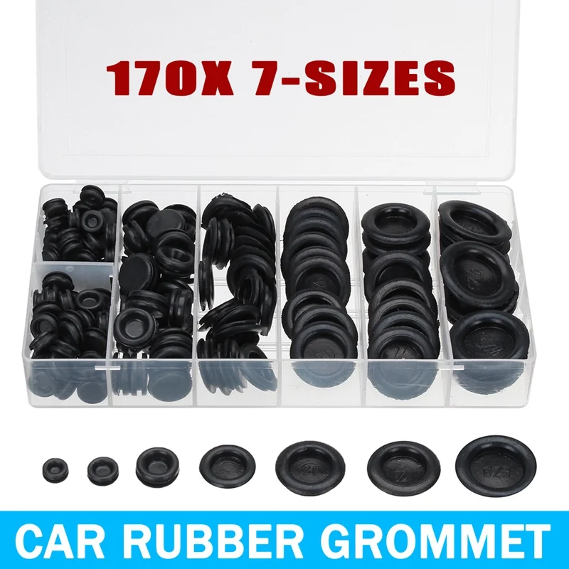 

170Pcs 7 Sizes Black Auto Ring Rubber Autos Truck Seal Car Rubber Grommet With Case Set for Protect Wire Assortment Set Car Fuse