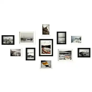 11 Pieces/Set Europe Style Black and White Color Photo Frame with Picture, Cheap Wood Wall Decor Picture Frames Set for Bedroom