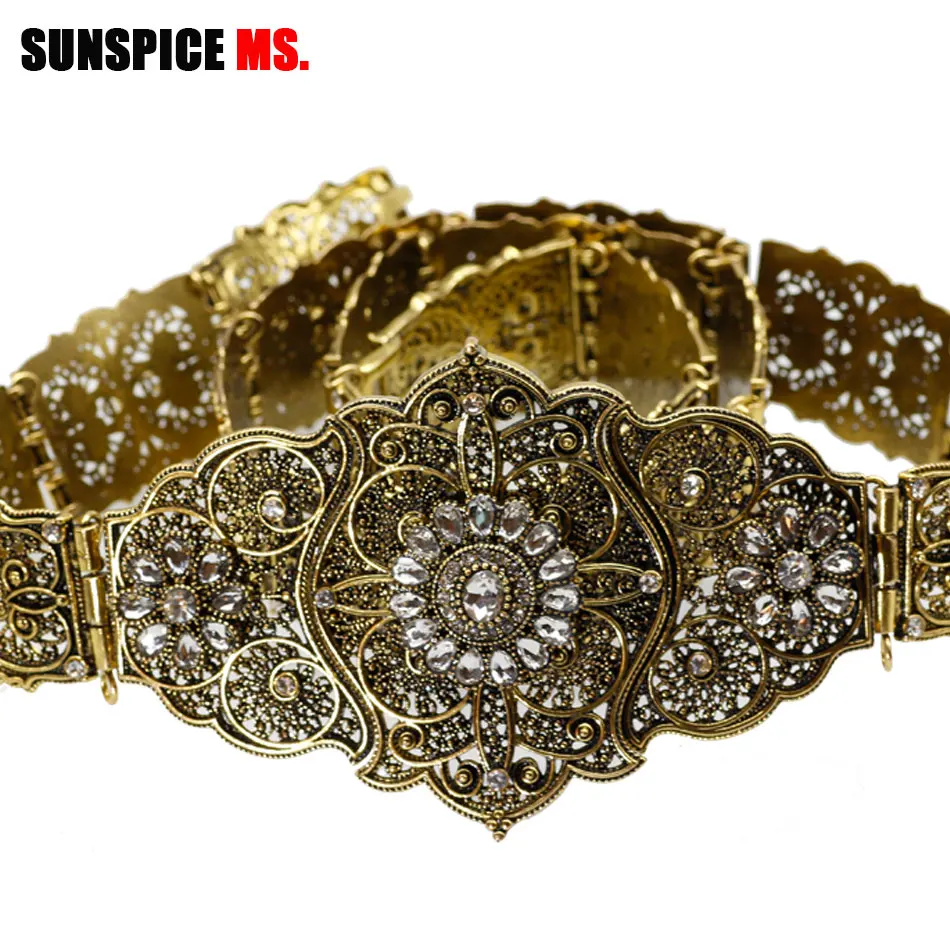 

SUNSPICE Vintage Metal Wedding Belt For Women Rhinestone Bridal Dress Sash Adjust Length Waist Chain Antique Gold Color Jewelry