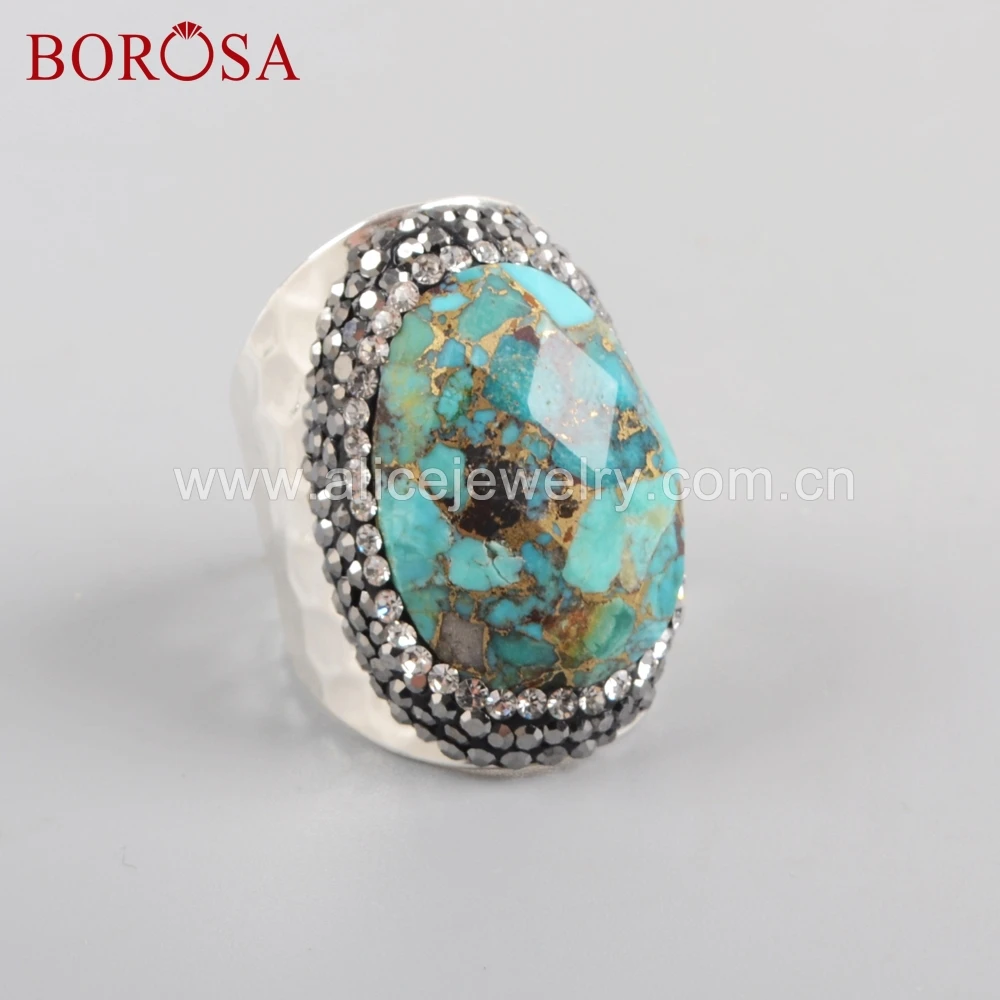 BOROSA 5 шт. овальные кольца из натурального золота, бирюзовый камень, серебряные кольца с кристаллами, вымощенные черные/белые цирконы, Drusy Ювелирные изделия JAB944