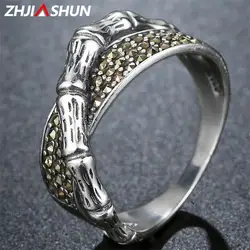 ZHJIASHUN Мода марказит кольцо 925 пробы Серебряные кольца для Для женщин дамы бамбука Форма Винтаж тайский Серебряные ювелирные изделия