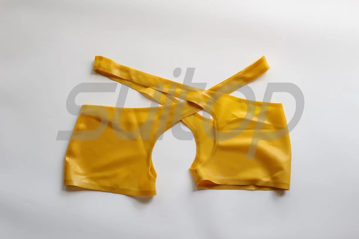 New Men's sexy latex shorts open cortch in trasparent yellow with lubes outside 4