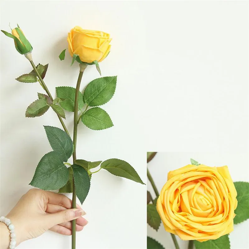 Flone Искусственный цветок розы филиал поддельные розы моделирования реального сенсорный букет роз Свадебный дом украшение партии Цветочный Art - Цвет: yellow