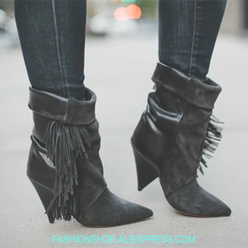 

2018 Soft Suede Leather Patchwork Fringe Boots Pointed Toe Spike High Heels Women Ankle Boots Fashion Street Style Short Booties