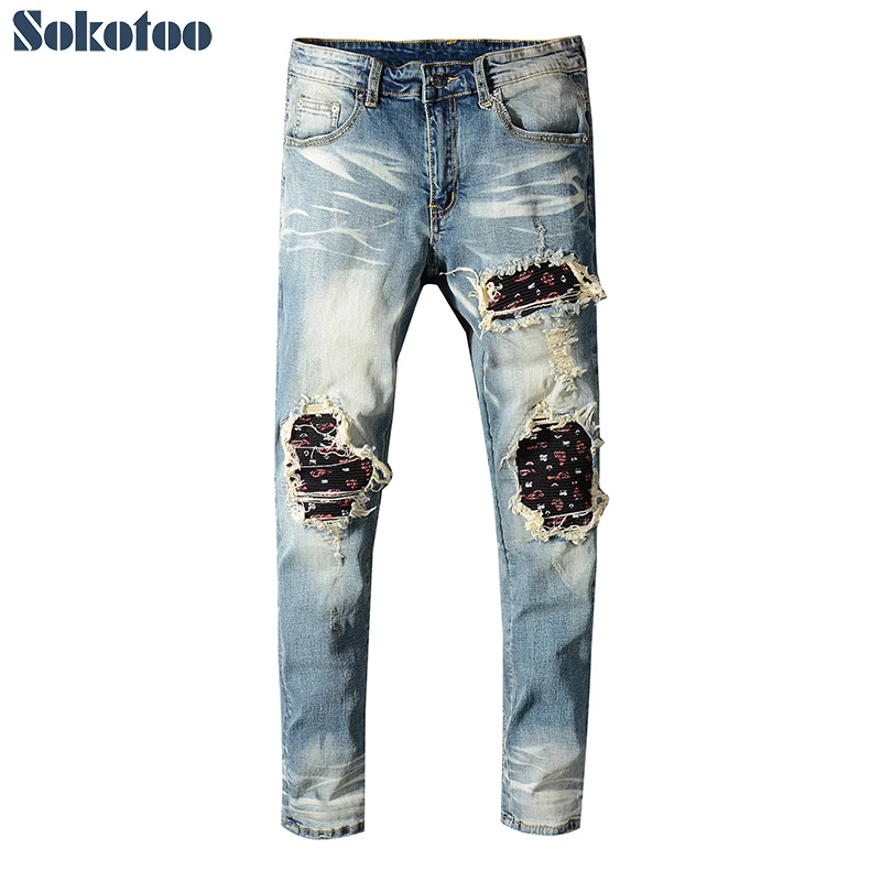 Pria Bandana Paisley Cetak Biker Jeans 