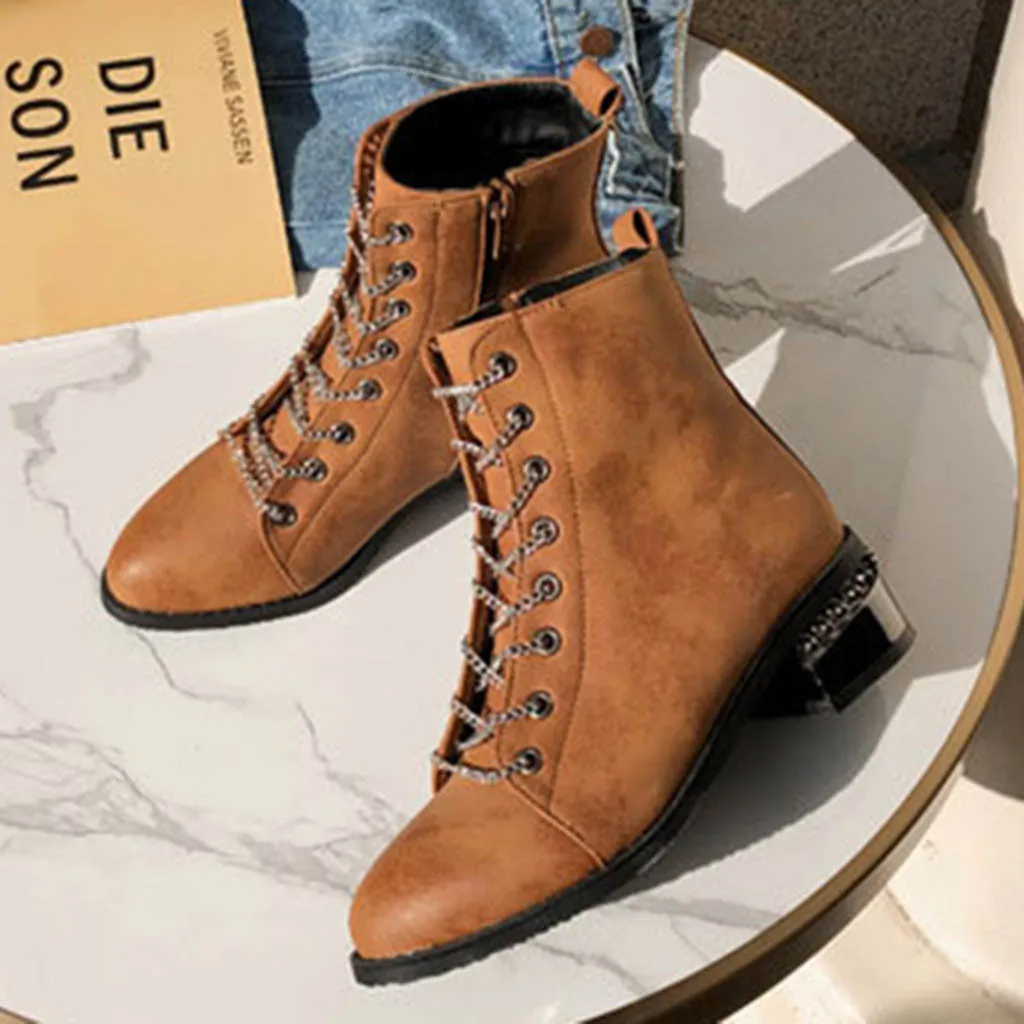 

MUQGEW Versatile ankle boots for women low heel autumn winter Round Toe Lacing boots women Chunky Heels Vintage bota feminina