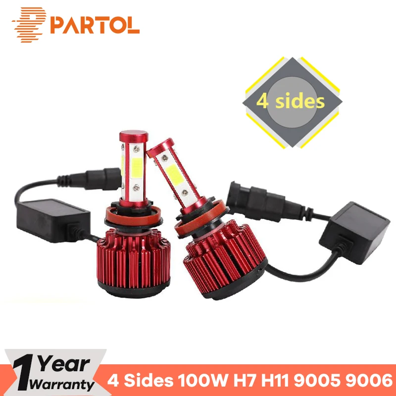 

Partol Car H7 LED Headlight Bulbs 4 Sides LEDs 9006 Car Light Super Bright Automobile LED H11 LED Lamps 100w/set 9005/9012/5202