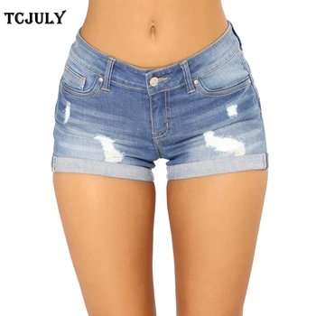 

TCJULY Summer 2020 New Arrival Women's Denim Shorts Cuffs Bleached Washed Stretch Short Pants Skinny Push Up Ripped Jeans Shorts