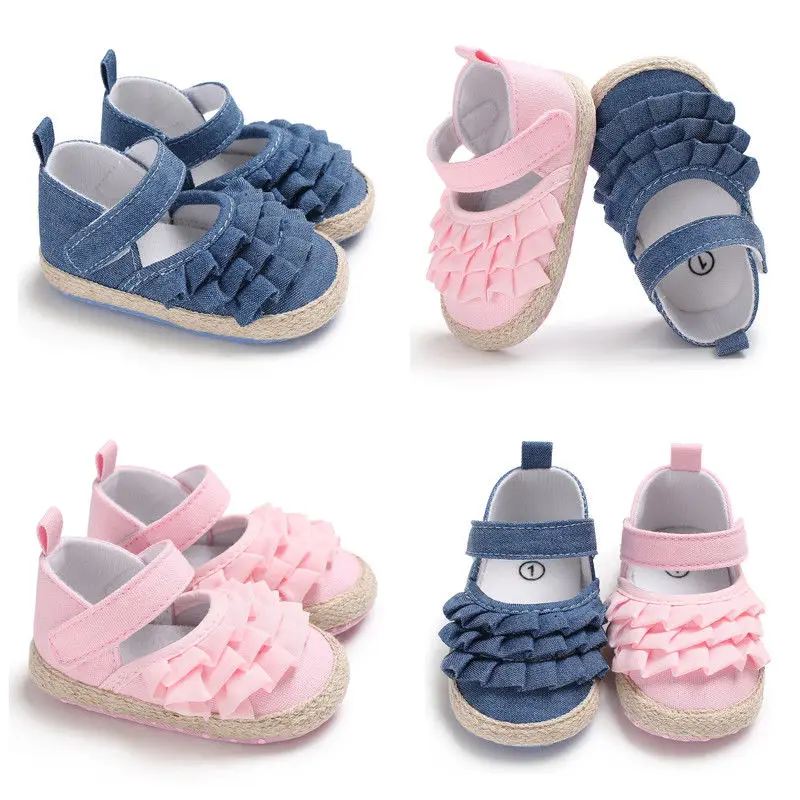 Новинка года; брендовая Летняя детская обувь для новорожденных девочек; детская обувь с мягкой подошвой для малышей, начинающих ходить; нескользящая однотонная обувь с оборками для первых шагов
